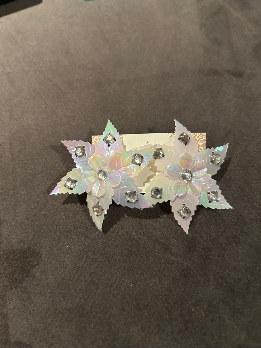 Vintage Holographic Iridescent Flower Star Pierced Earrings- Rhinestone Accents